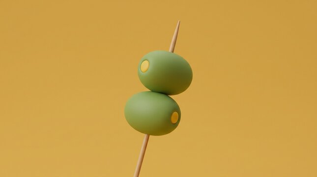 Green olives impaled on a wooden skewer against a golden background
