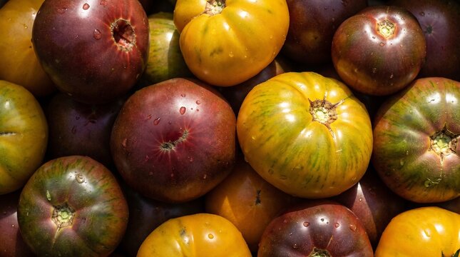 Heirloom tomatoes in assorted colors fill the frame in a close up shot