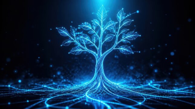 Glowing digital tree with luminous roots and intricate cyber leaves in dark space