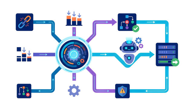 Modern Technology Network Diagram with AI Robot and Data Flow for Digital Marketing Presentation Vector Illustration