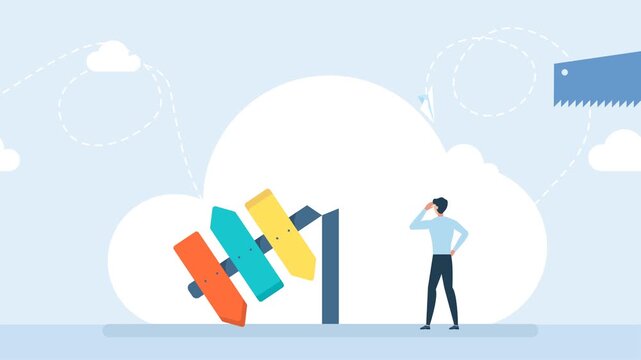 A man cuts a direction sign, a pointer with a saw. Concept of confusion, no landmarks. Entrepreneur chooses the path. A businessman is thinking near the direction indicator. 2d flat animation. Video