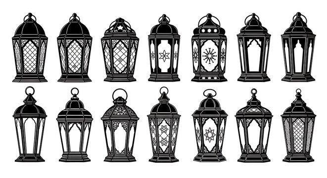 Collection of ornate vintage moroccan lanterns in black and white sketch style decorative lighting elements