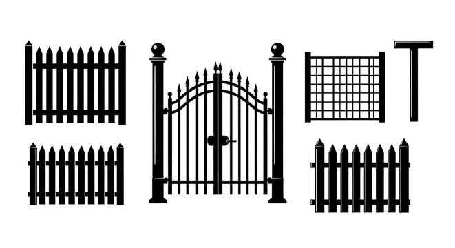 Black wrought iron gate and fence elements set isolated on a white background vector illustration