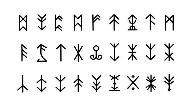 Collection of ancient runic symbols and nordic glyphs arranged in neat rows on a white background