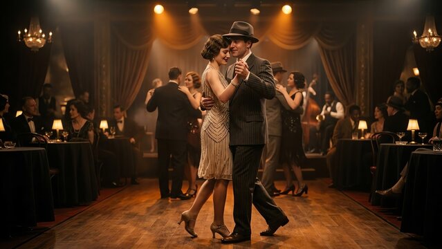 Elegant Couple Dances at 1920s Jazz Club Gala