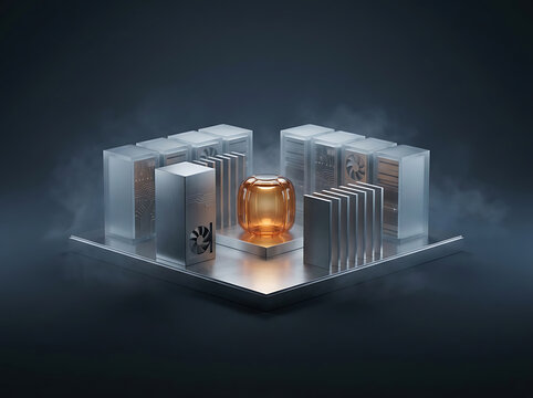 Futuristic High-Performance Computer Processor with Glowing Orange Core and Industrial Cooling Heatsinks in Misty Dark Background