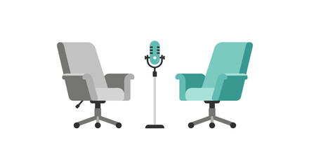 Obraz premium Podcast and Interview Concept Vector Illustration with Two Office Chairs and Microphone