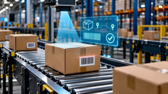 Automated barcode scanner reading cardboard box on conveyor belt with holographic tracking interface for smart warehouse logistics concept