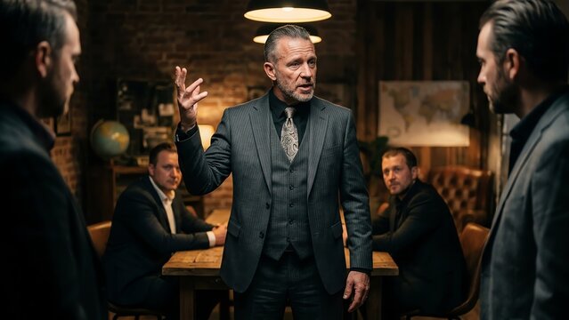 Gangster Leader Addresses Crew in Dimly Lit Private Meeting Room
