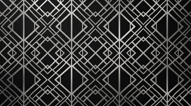 Silver metallic geometric lattice pattern featuring interlocking diamond and rectangular lines over a textured black background, Art Deco inspired architectural graphic design wallpaper.