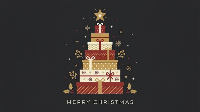 Stylized Christmas tree made of stacked gift boxes on dark background for holiday card design