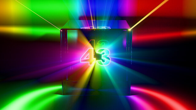 Glowing Number 43 in Glass Cube with Rainbow Light Rays