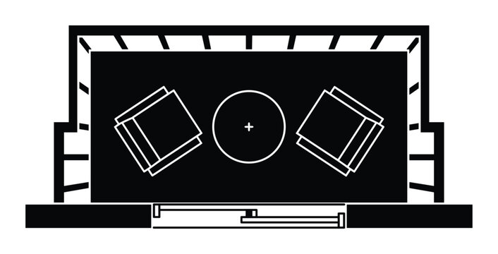 Top down blueprint of a theater stage with chairs table and balcony.