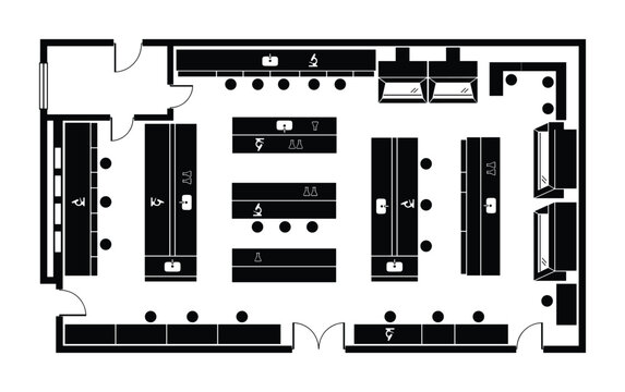 Black and white blueprint of a laboratory interior with workstations.