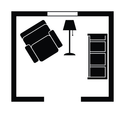 Minimalist interior floor plan layout featuring chair and lamp icon.
