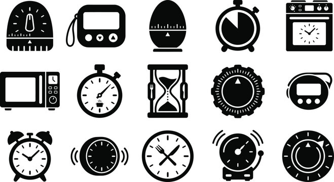 A comprehensive vector illustration set featuring various black clock and timer icons for time management design projects
