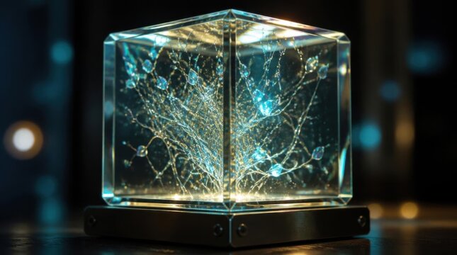 Glowing glass cube holding a miniature futuristic tree with blue lights