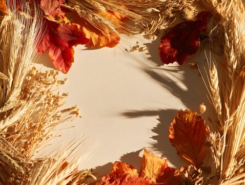 Fall harvest frame with dried wheat and colorful autumn leaves on a neutral beige background