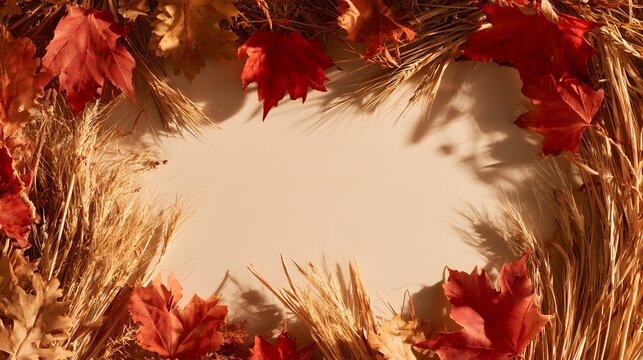 Autumn harvest frame with red maple leaves and golden wheat stalks on a light background