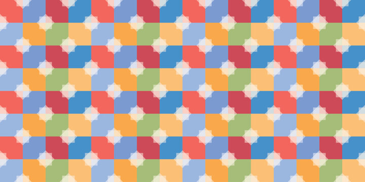 Colorful geometric pattern featuring repeating interlocking blocks and diamond shapes in a playful arrangement, creating a lively decorative background for textiles, wallpaper, packaging, stationery, 