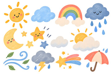 Obraz premium Hand drawn weather forecast elements illustration set