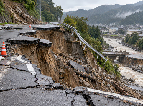 Collapsed Mountain Road After Landslide and Flood Disaster