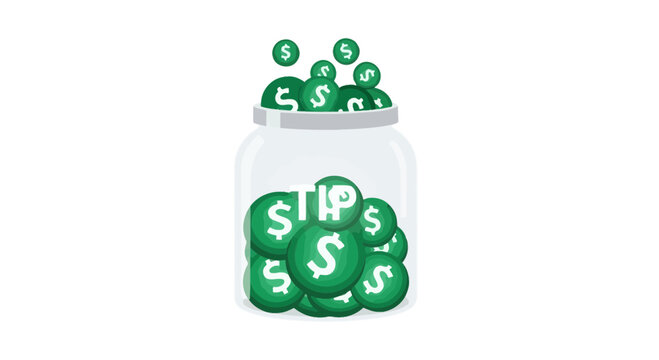 Tip Jar Illustration with Falling Green Dollar Coins on White Background, Gratuity and Savings Concept