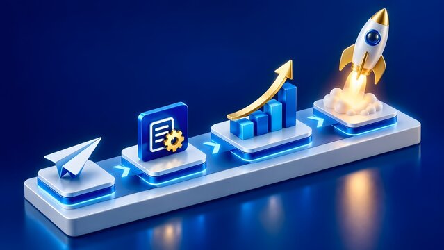 Isometric 3D workflow process from document planning to rocket launch for business growth and startup scalability concept