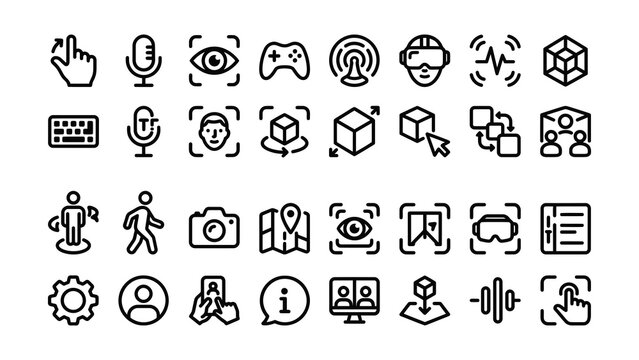 Collection of various technology and activity icons on transparent background