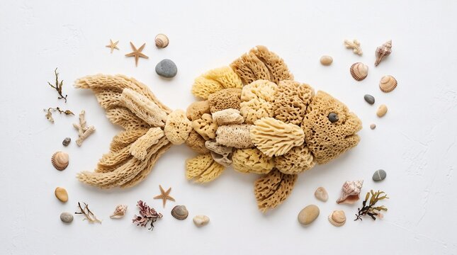 A creative fish shape created from natural sea sponges and surrounded by seashells, pebbles, and dried seaweed. The composition evokes a sense of the ocean and beach