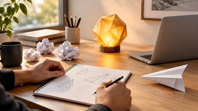 Entrepreneur hands sketching paper airplane on notebook with crumpled drafts for creative brainstorming and startup ideation concept