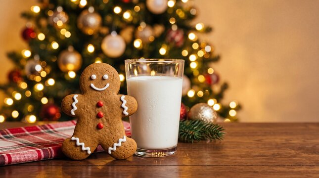 Christmas eve gingerbread man cookie and milk glass by festive tree