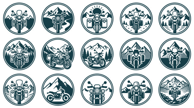 Collection of fifteen monochrome circular emblems featuring adventure touring motorcycles in mountainous landscapes with pine trees, winding roads, and scenic outdoor backdrops.