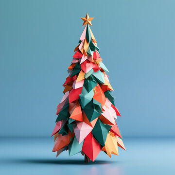 Low poly geometric Christmas tree with colorful paper ornament and star