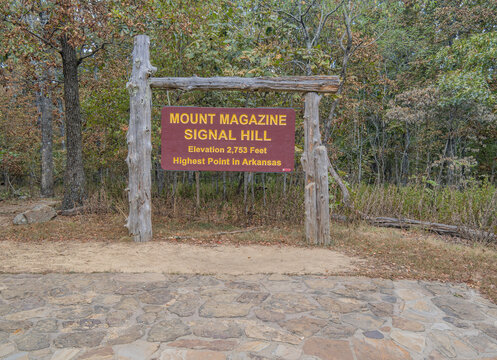 Mount Magazine Signal Hill sign marking highest point in Arkansas