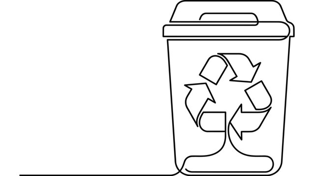 Continuous one line drawing of a recycle bin with a tree symbol inside.