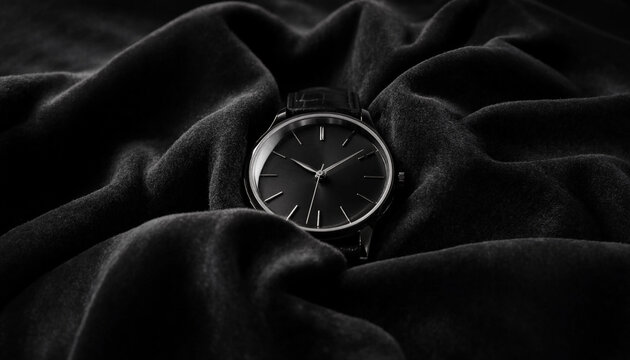 Classic black analog wristwatch with a leather strap resting on soft, dark black velvet fabric with deep folds and dramatic light and shadows