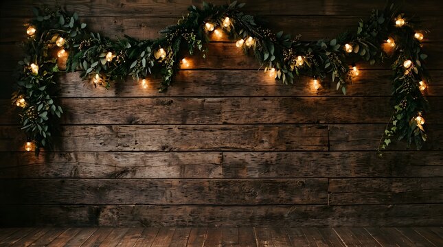 Warm glowing string lights and evergreen boughs arranged on a rustic wood wall