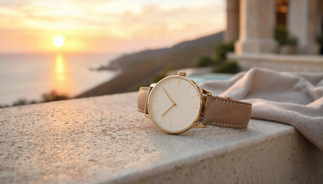 A minimalist wristwatch with a light beige leather strap placed on a stone ledge overlooking the ocean during a warm golden sunset light