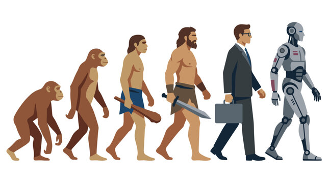 Human evolution stages from ape to modern businessman and futuristic robot.
