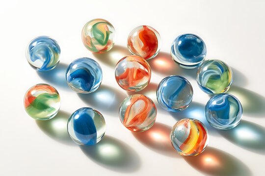 A collection of colorful glass marbles with swirling patterns scattered on a clean white surface