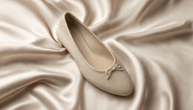 A beige ballet flat shoe with a small bow detail resting on soft draped satin fabric with folds and a smooth light texture background