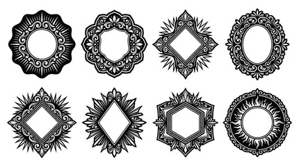 Fototapeta premium Ornate Round Frames with Floral and Sunburst Designs, Black and White Line Art Vector Elements