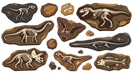 Dinosaur fossils and ancient bones skeleton remains on brown stone rocks. © SHUVO