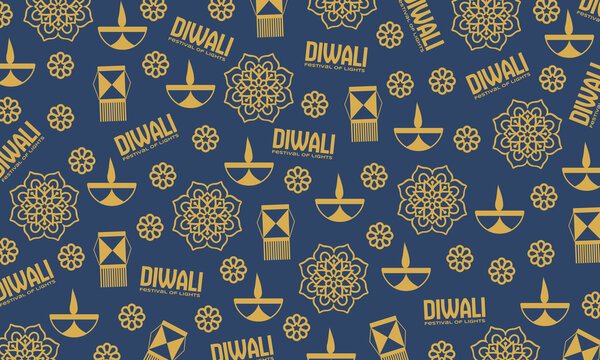 Diwali festive pattern featuring golden diyas, lanterns, mandala motifs, and Diwali lettering on a navy blue background, ideal for greeting cards, banners, posters, and social media designs.