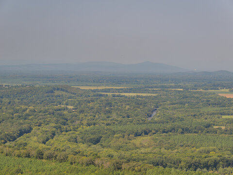 Aerial view of Petit Jean State Park forest and river valley