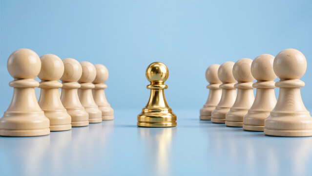 Golden Chess Pawn Standing Out from White Pawns, Leadership, Individuality, and Business Strategy Concept on Blue Background
