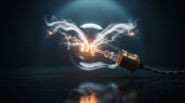 Electric Spark of Innovation: A vintage incandescent light bulb crackles with energy, glowing filament emitting luminous arcs and wisps of smoke.