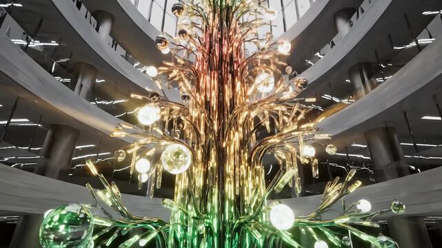 Futuristic rainbow metallic glass Christmas tree with glowing lights inside modern architecture atrium hall digital art 3D animation