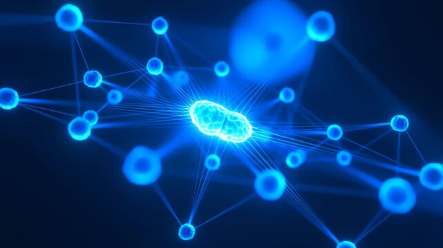 Abstract glowing blue neural network node cluster orbiting around a bright central core brain concept in dark virtual space 3D motion graphics